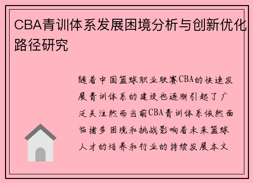 CBA青训体系发展困境分析与创新优化路径研究